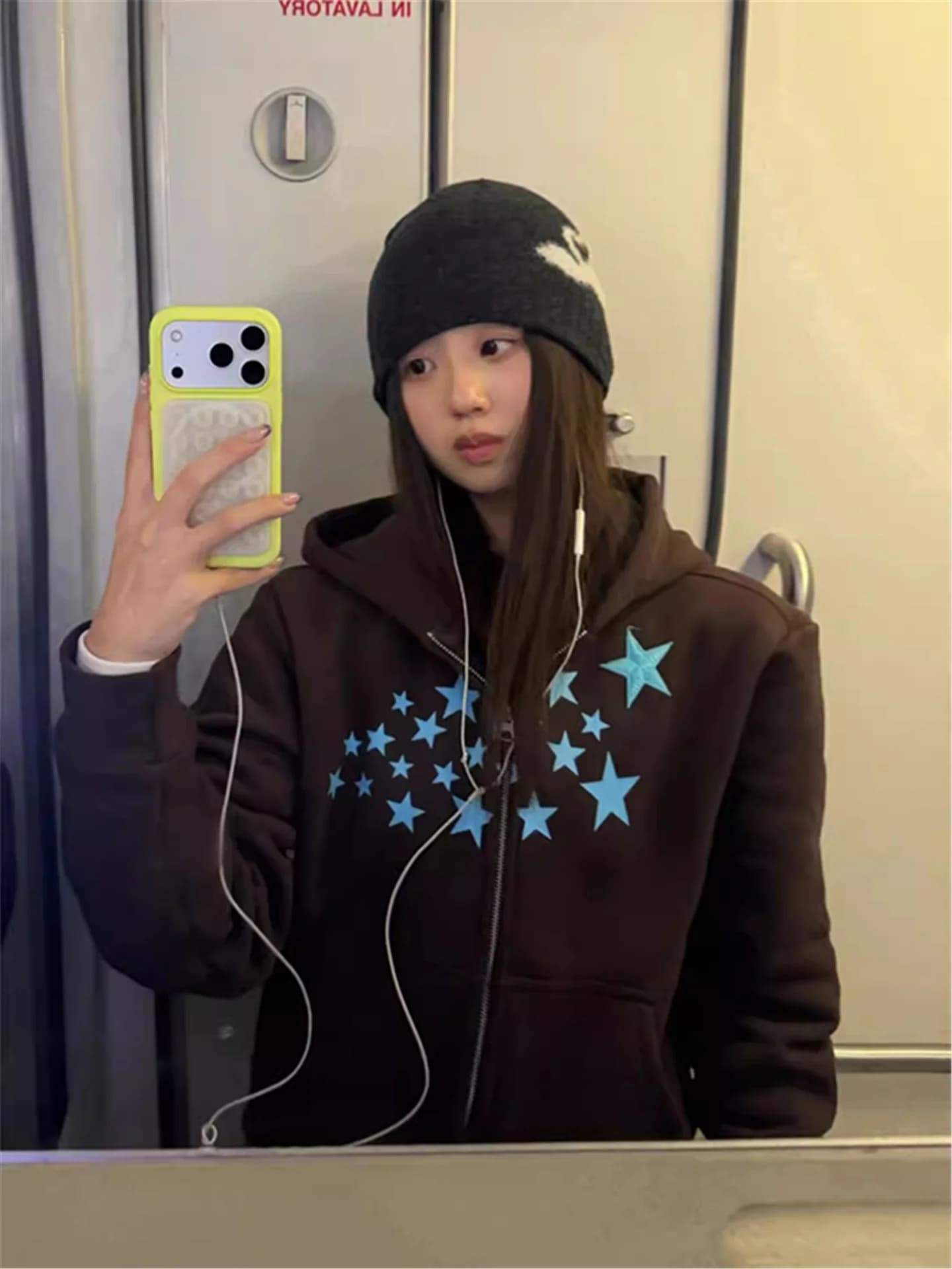 Retro American Star Print Hoodie Jacket Women's Loose Heavy-Fleece Shortened Cap-Sleeved Warmth-Insulated Fashionable Top