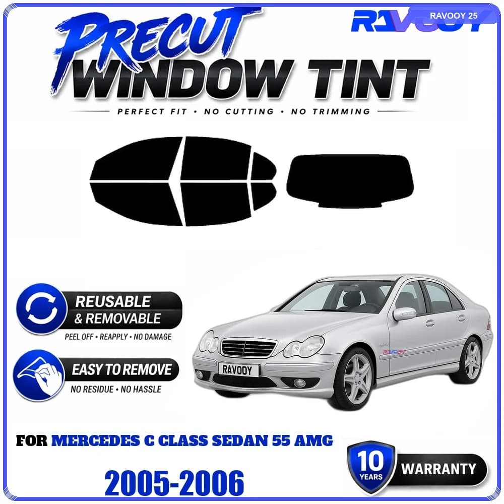 Precut Window Tint, Reusable Removable EPU Film, Custom Fit for Mercedes C Class Sedan 55 AMG 2005-2006, UV Heat Protection