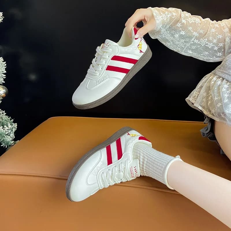 2026 New Hello Kitty Casual Women's Sneakers Lightweight Thick Soled Loafers Fashion Strip Low Top Comfort Women Shoes Tenis