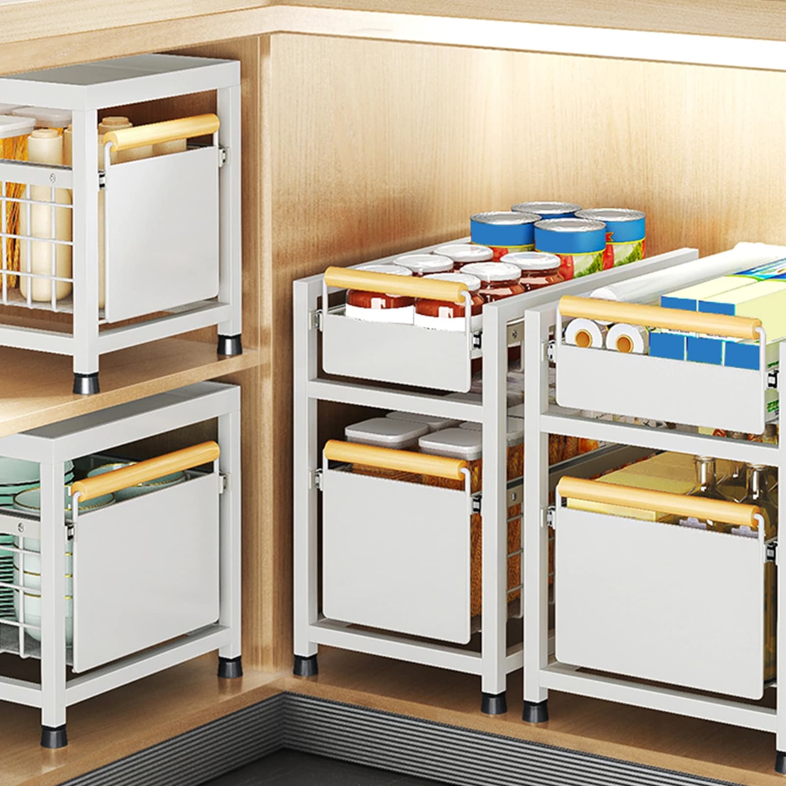 1/2 levels, removable shelf for kitchen cabinet, sliding storage basket under the sink, hanging rack, storage box for household items