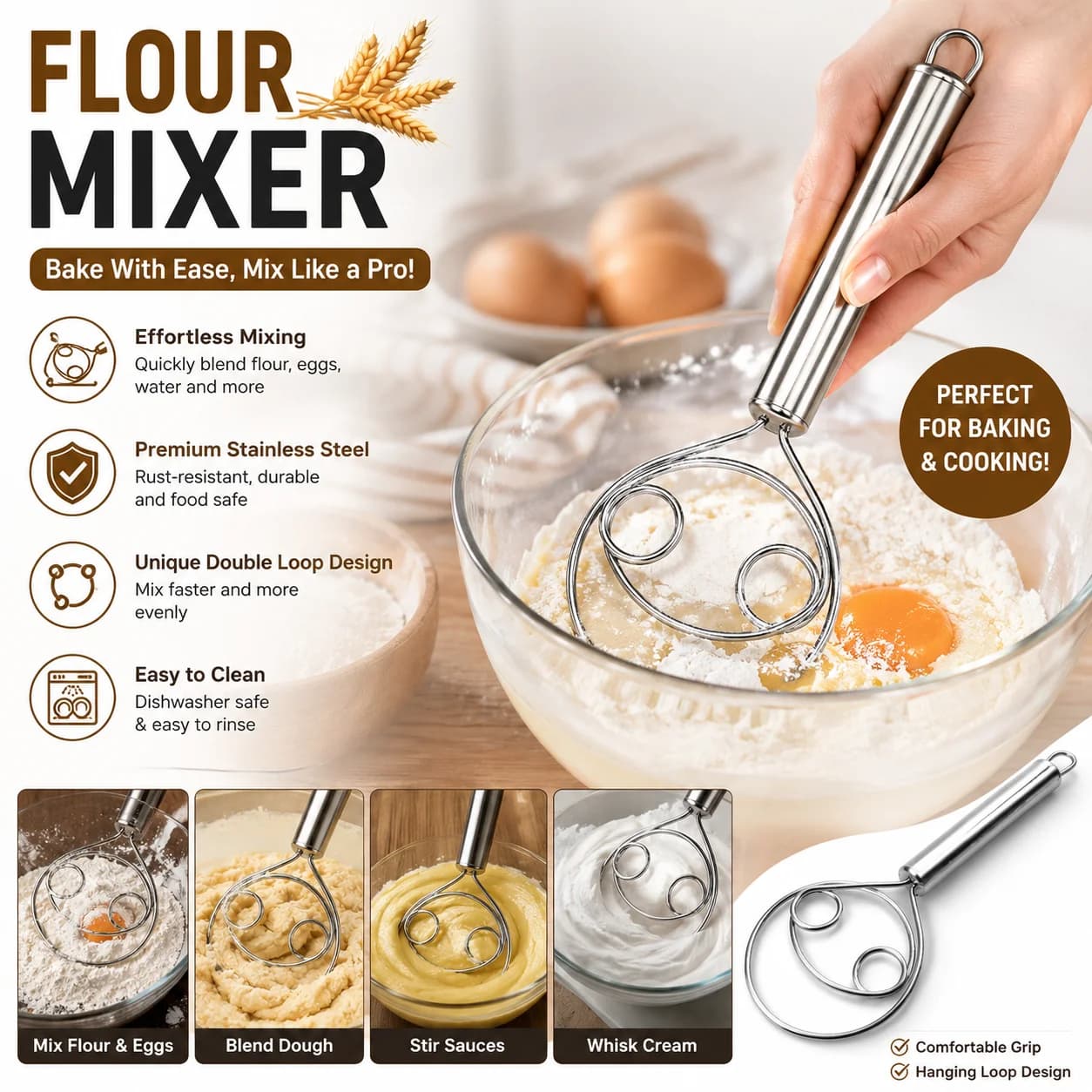 Stainless Steel Danish Dough Whisk Manual Bread Mixer for Sourdough Cake Pizza Pastry Baking Hand Dough Blender Kitchen Tool