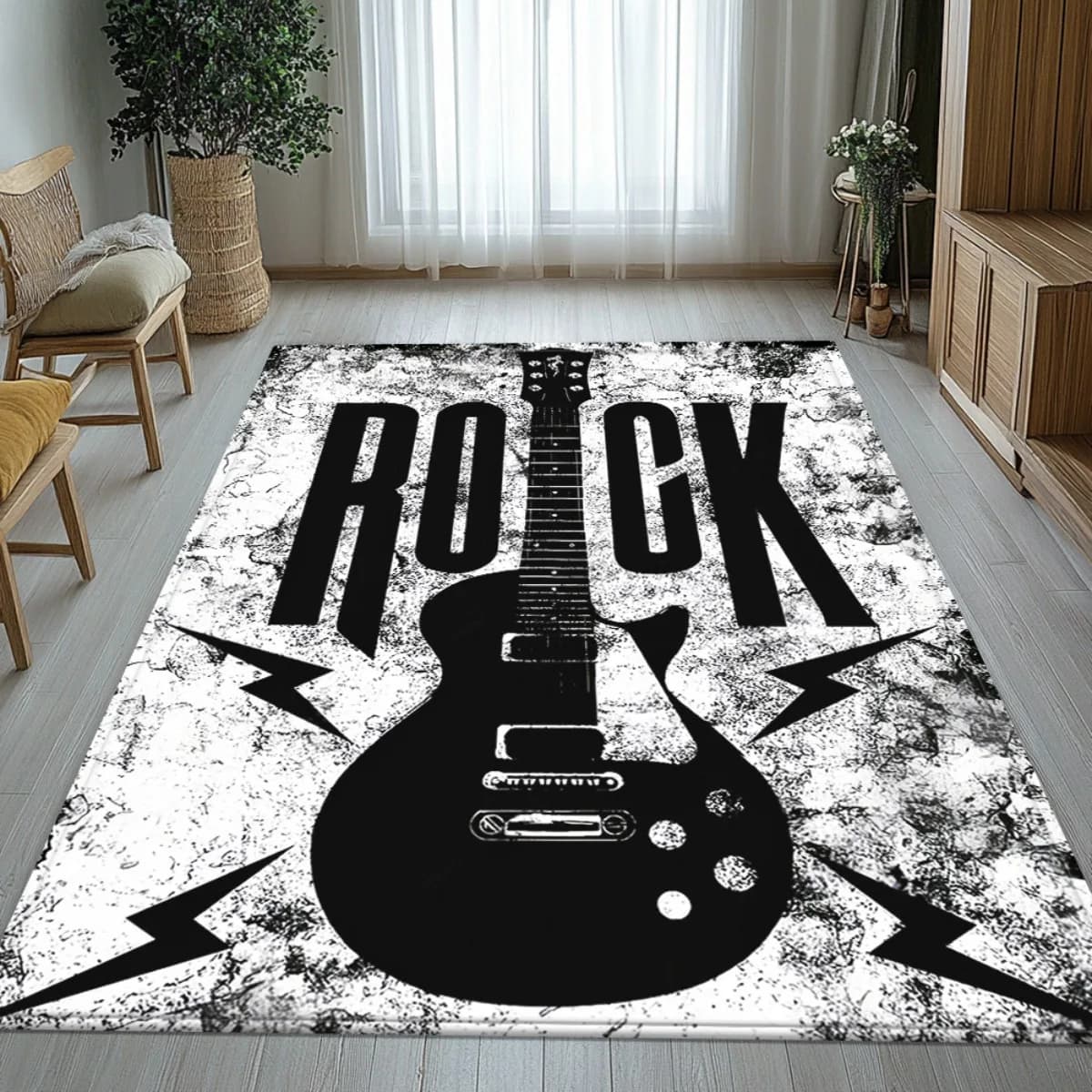 Rock Guitar Flannel Rug Black White Music Band Instrument Area Carpet Soft Non-slip Floor Mat for Living Room Bedroom Decor