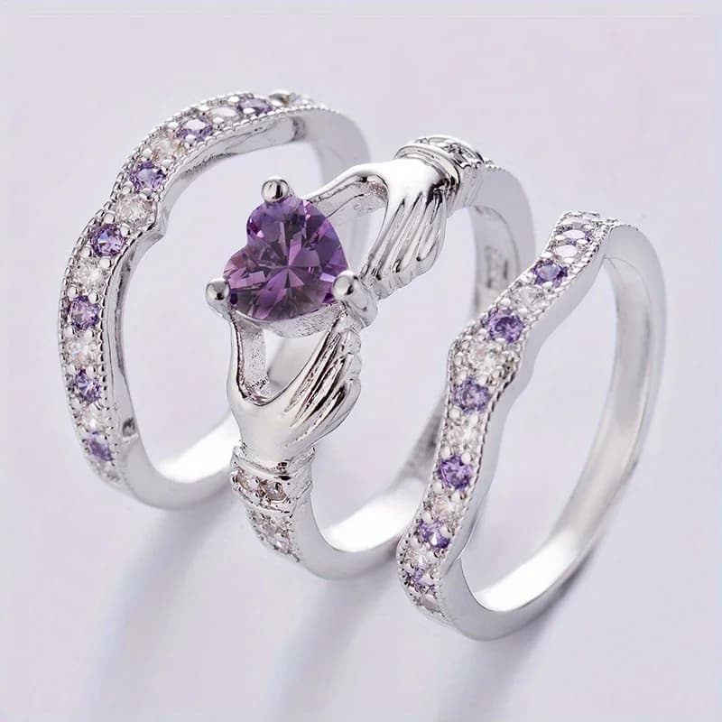 Set di 3 anelli con design a forma di cuore Claddagh, set di gioielli per feste, frecce, zirconi cubici in viola, blu e rosato, regali per le vacanze di anniversario
