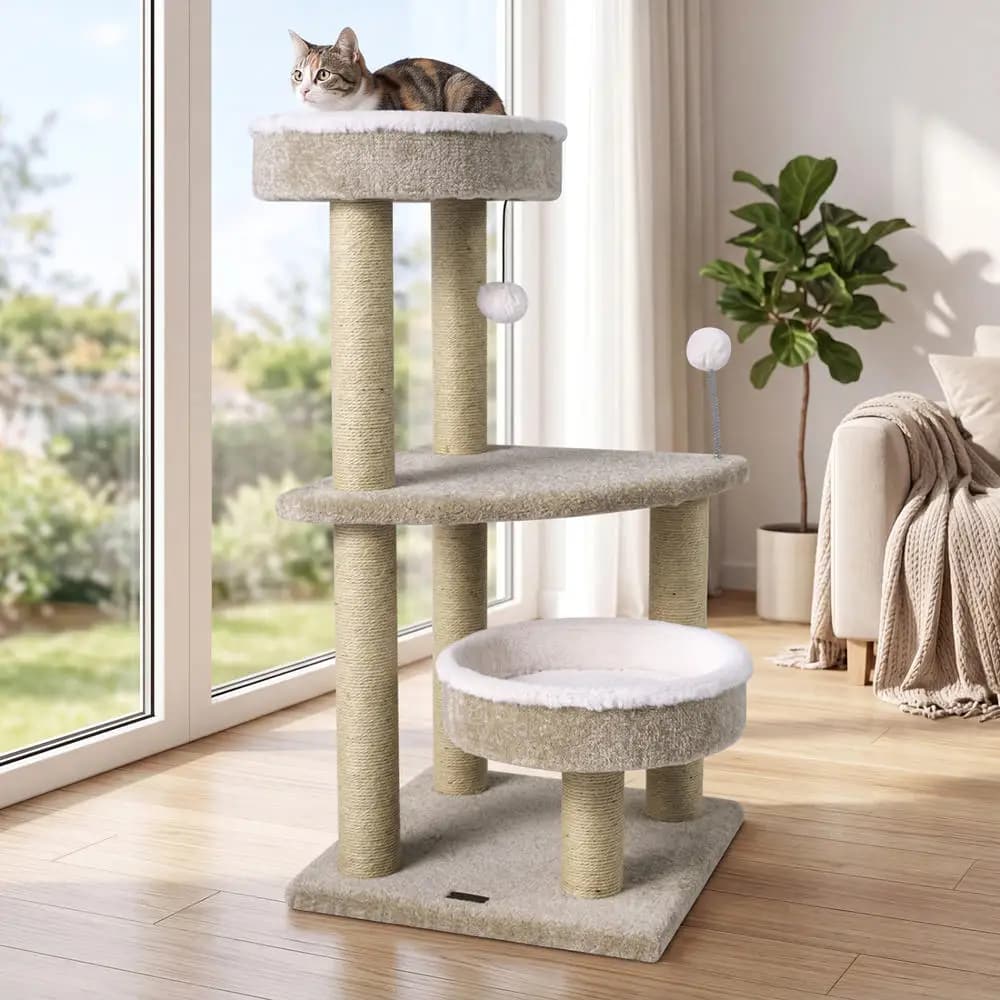 36 Inch Multi-Level Cat Tree With Plush Perches, Sisal Scratching Posts And Hanging Toys, Sturdy Base For Indoor Cats Exercise And Resting, Gray