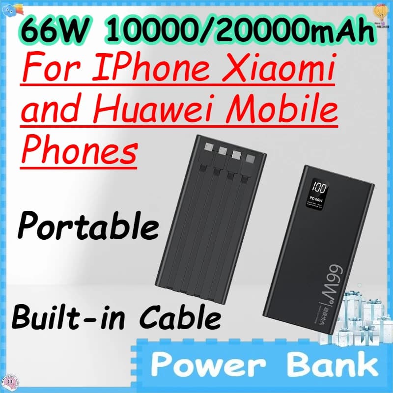 66W 10000/20000mAh Power Bank with Built-in Cable for IPhone Xiaomi and Huawei Mobile Phones Portable Powerbank