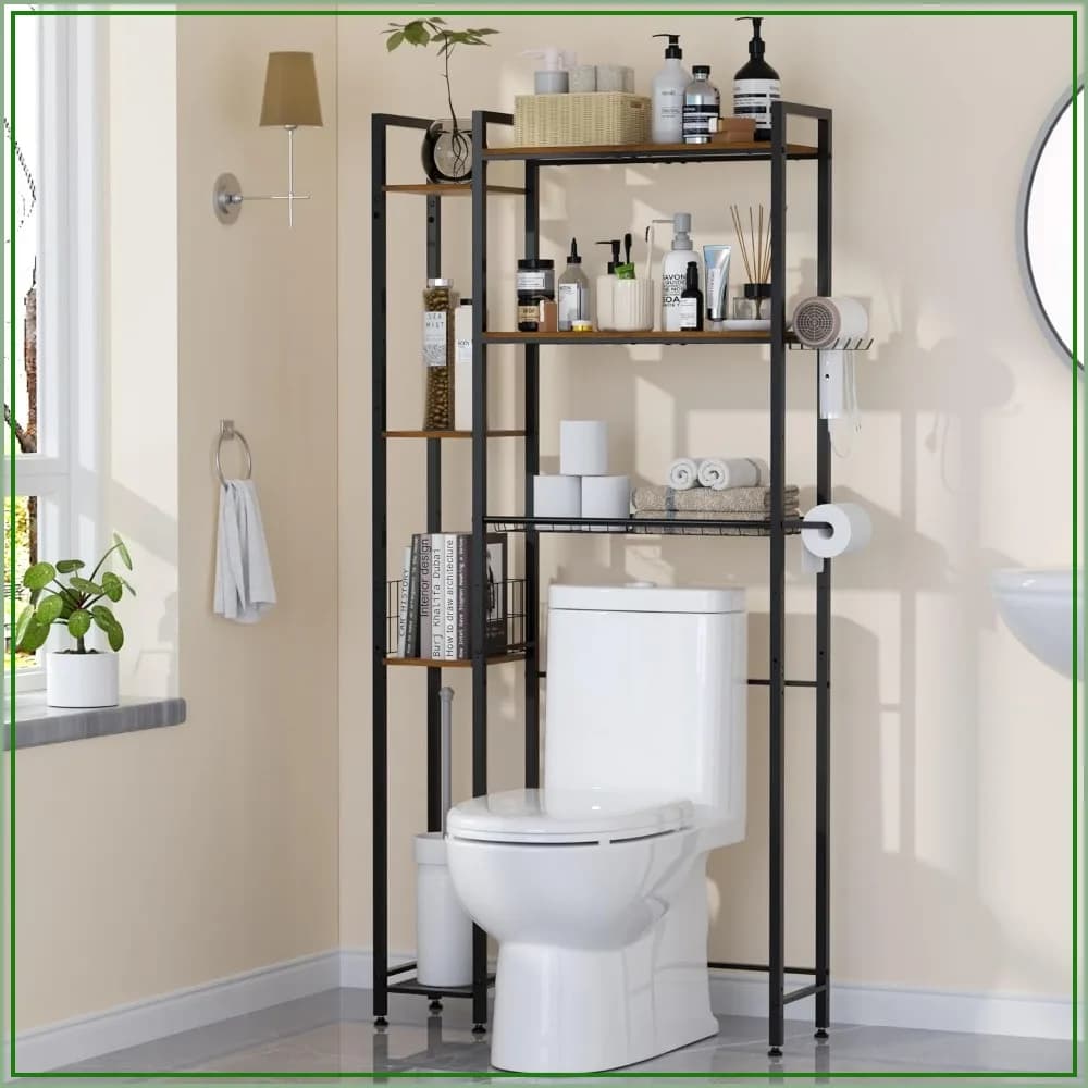 7-Tier Over Toilet Storage with Wood Shelves & Side Rack, Metal Bathroom Organizer for Towels & Toiletries, Space-Saving Shelf for Small Bathroom