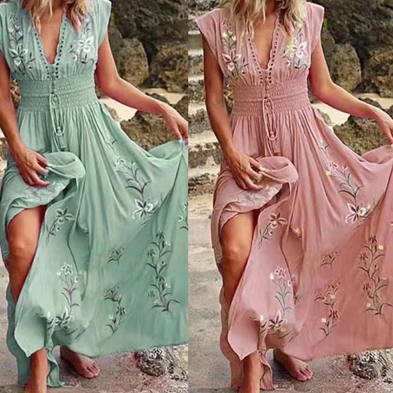 Abito lungo da donna estivo Boho Vacation Abito casual con scollo a V elastico in vita Abiti da spiaggia floreali New Chic Chiffon da donna con lacci