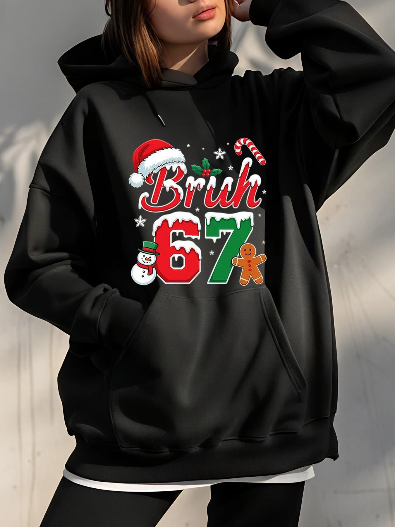 Christmas sweatshirt with Bruh 67 print and Christmas details for festive clothing
