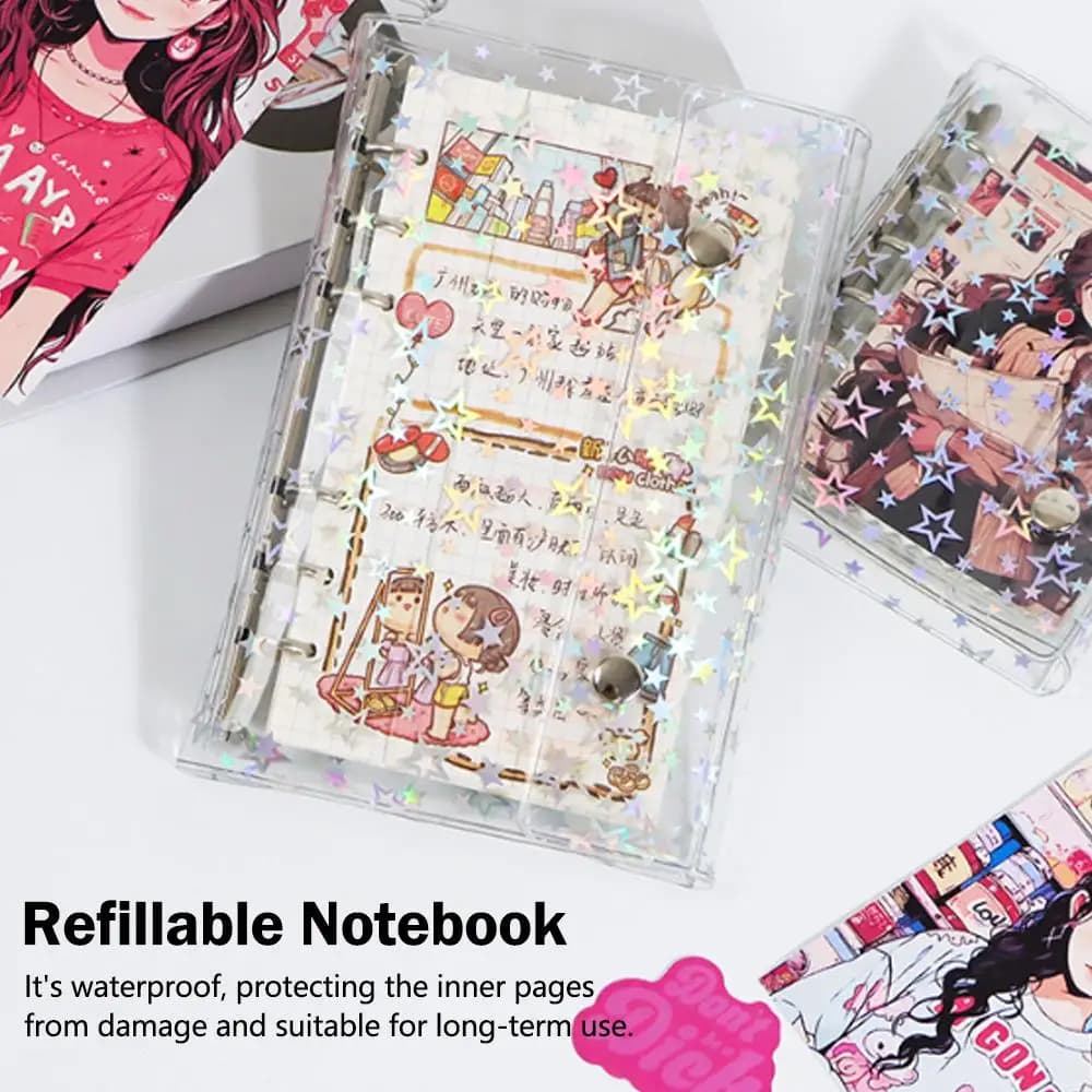 Copertina per agenda M5 A6 A7, trasparente, con glitter, in PVC, a 6 anelli, ricaricabile, per contanti, foto, album, agenda, cartella, diario