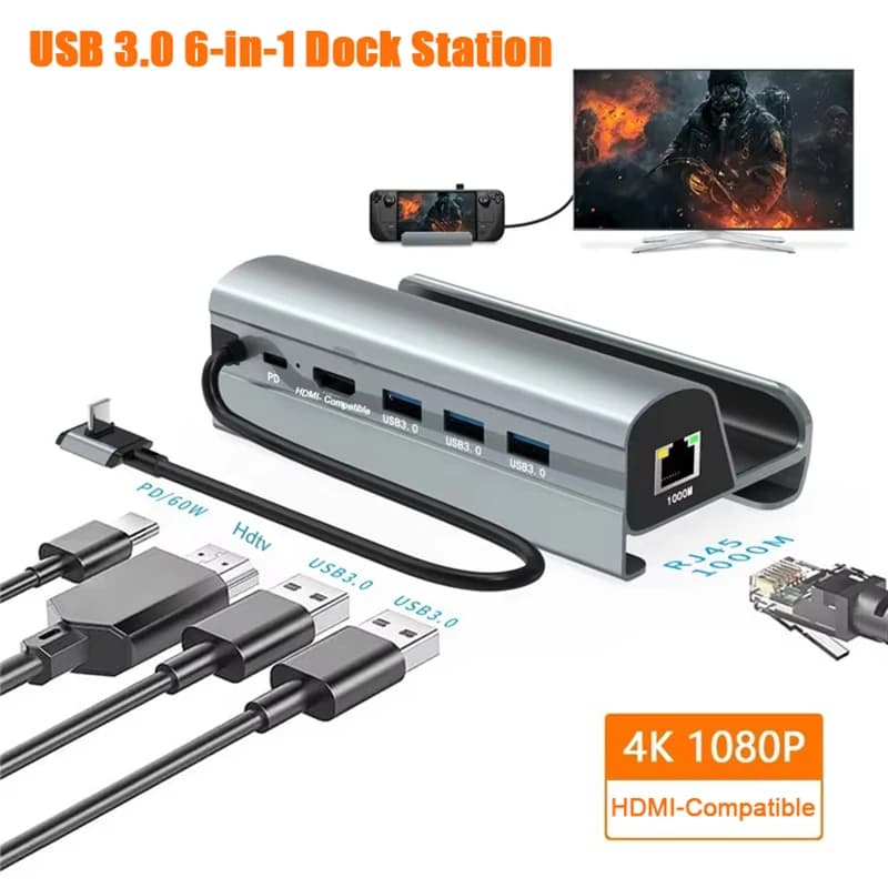 Dock station per deck Base per TV Supporto per hub Docking da USB C a HD USB 3.0 Caricatore di tipo C per console Steam Deck Espansione 6 in 1