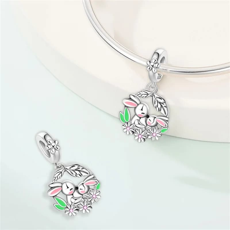 Ciondolo a forma di coniglietto con fiore in argento sterling 925, zirconi CZ, compatibile con braccialetti originali, regalo fai da te per donna, modello popolare 2026