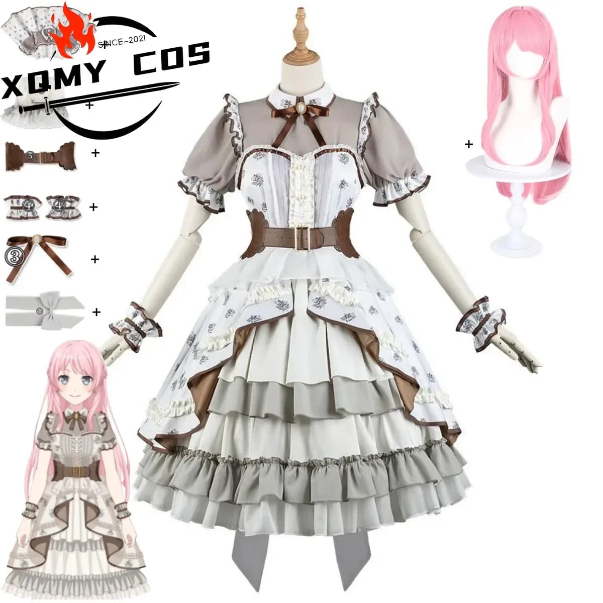 XqAnime Bangdream Mygo! Anon Chihaya Cosplay Costume Color Coffee White Lolita Wig Woman Kawaii Birthday Dress
