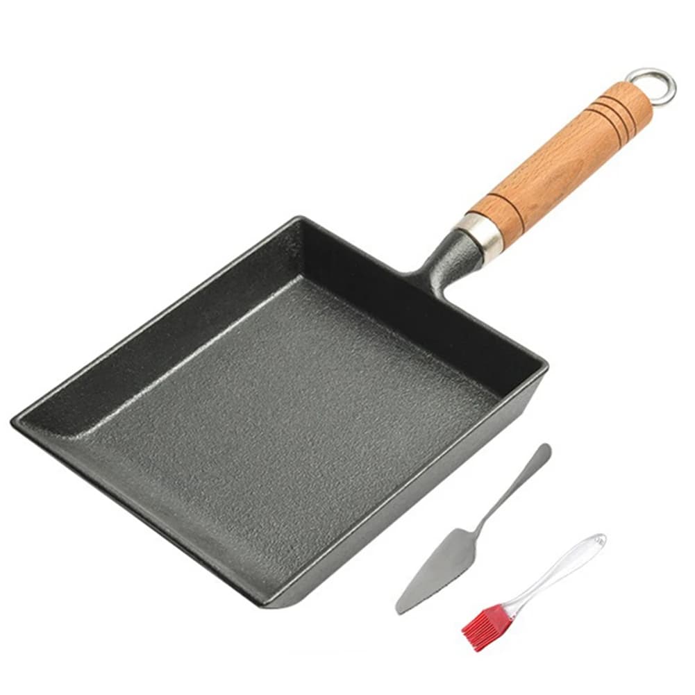 Ghisa pan for Eggs with Handle in Wood, Japanese pan for Tamagoyaki Anti-coating with Brush and Paletta for Camping and Picnic