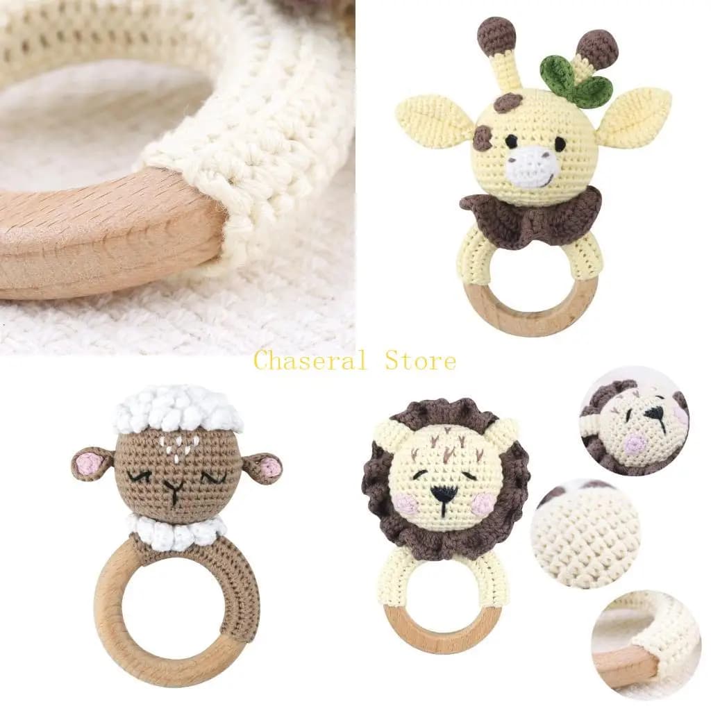 E7CE Giocattolo per bambini in legno, cotone, coniglietto all'uncinetto, anello da dentizione, sonaglio per neonati, unisex, per