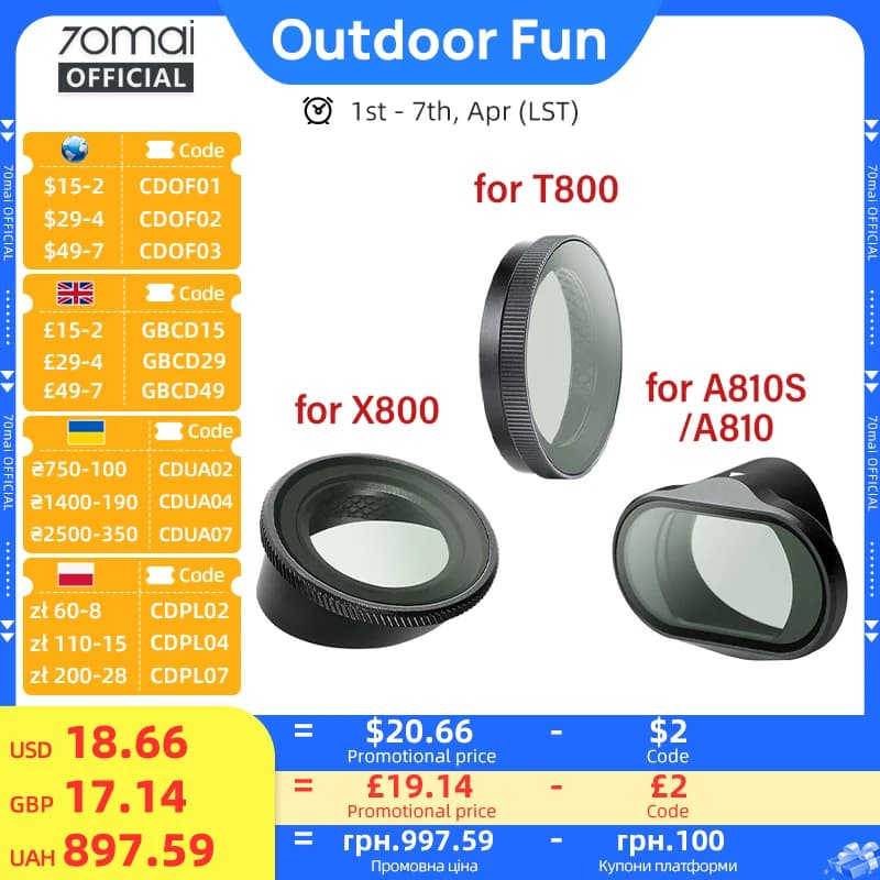 Original CPL filter 70mai only for Dash Cam 70mai A810 4K Omni X800 CPL filter for 3 channel circular polarizing lens 4K T800