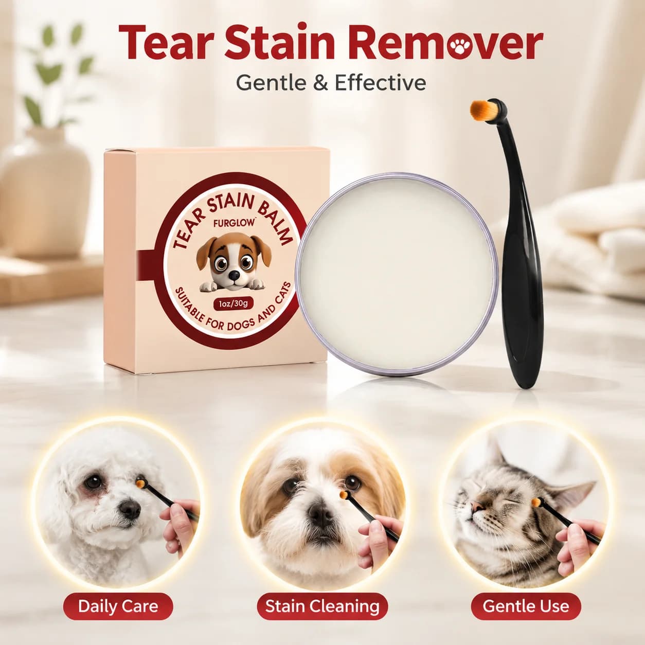 1Oz Dog Cat Tear Stain Remover Gentle Formula Effectively Cleans Tear Stains Protects Eyes with Special Brush Travel Size for