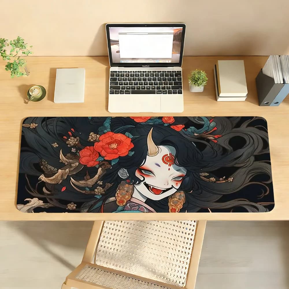 Tappetino per mouse giapponese Oni Kabuki, antiscivolo, con bordo bloccabile, per PC, laptop, accessori per ufficio, tastiera in gomma, tappeto XXL per giochi