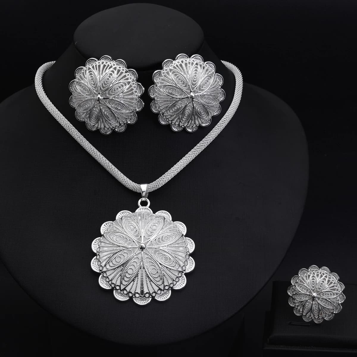 Ethiopian Silver Color Jewelry sets Pendant Earrings Ring 3-Piece Sets African Eritrean Wedding Engagement Ethnic Gifts #100