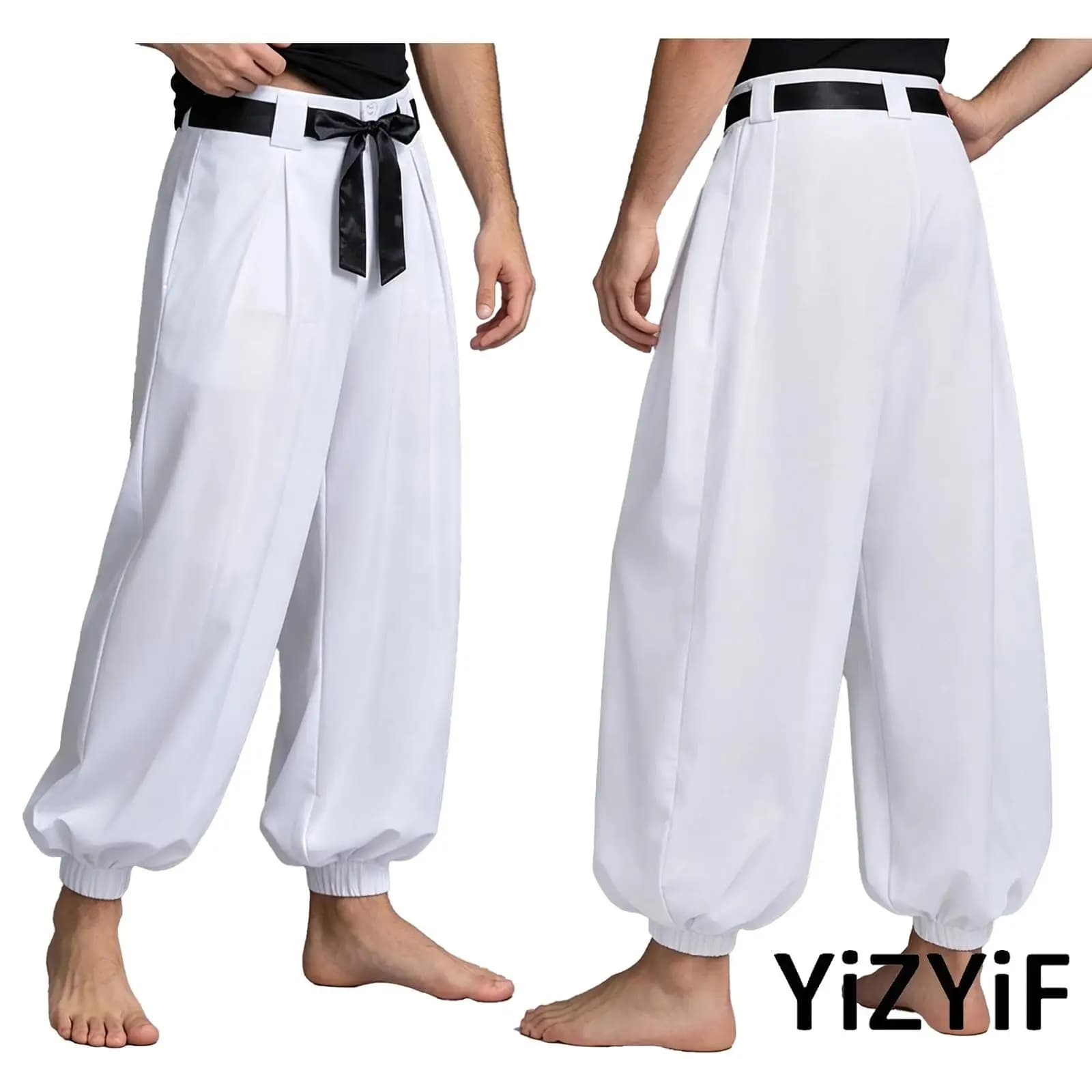 Mens Arabian Style Harem Pants Pleated Bloomers Buttons Zipper Fly Pants with Pockets Belt for Halloween Daily Prince Cosplay