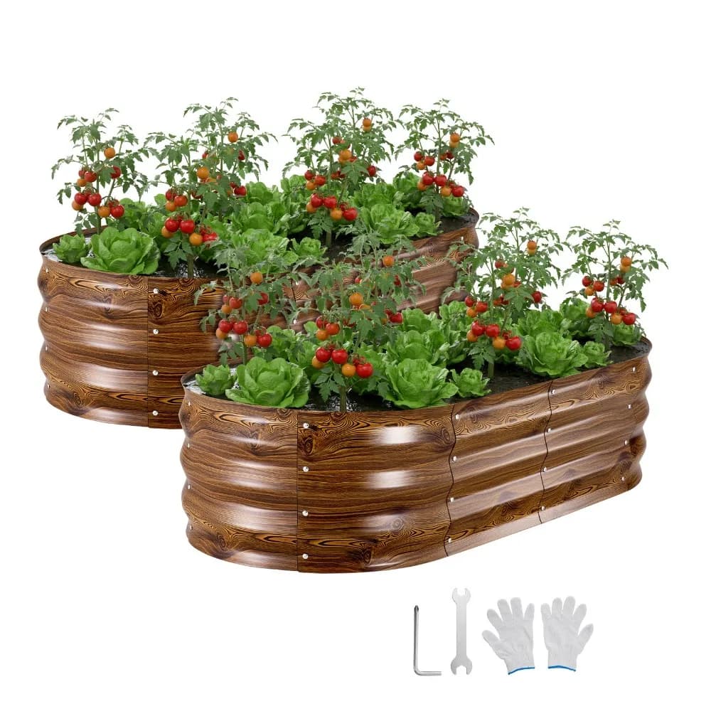 2 Pezzi di Fioriere Rialzate Ovali in Legno Zincato 4x2x1 ft, Profonde