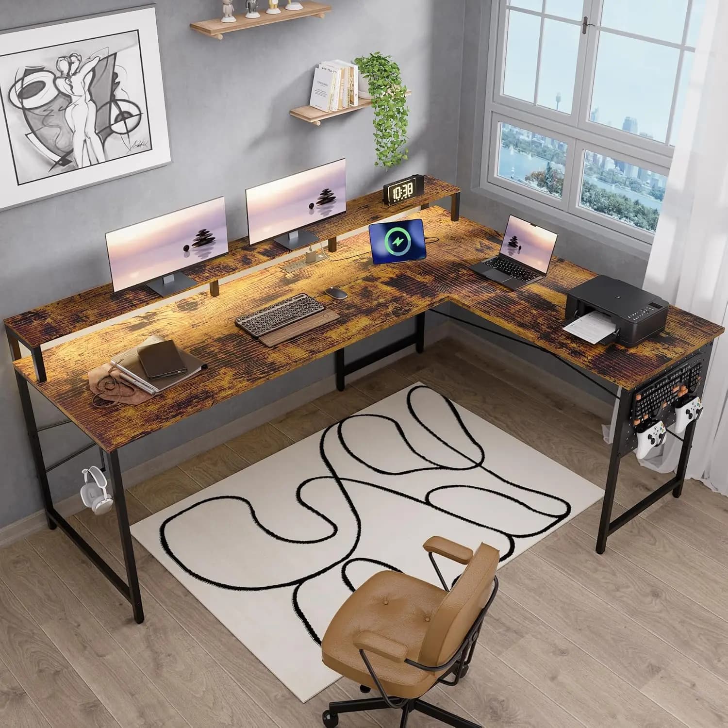 64-inch L Gaming Desk with Current and LED Lights, Large Angular Computer Desk with Monitor Support and Drilled Panel