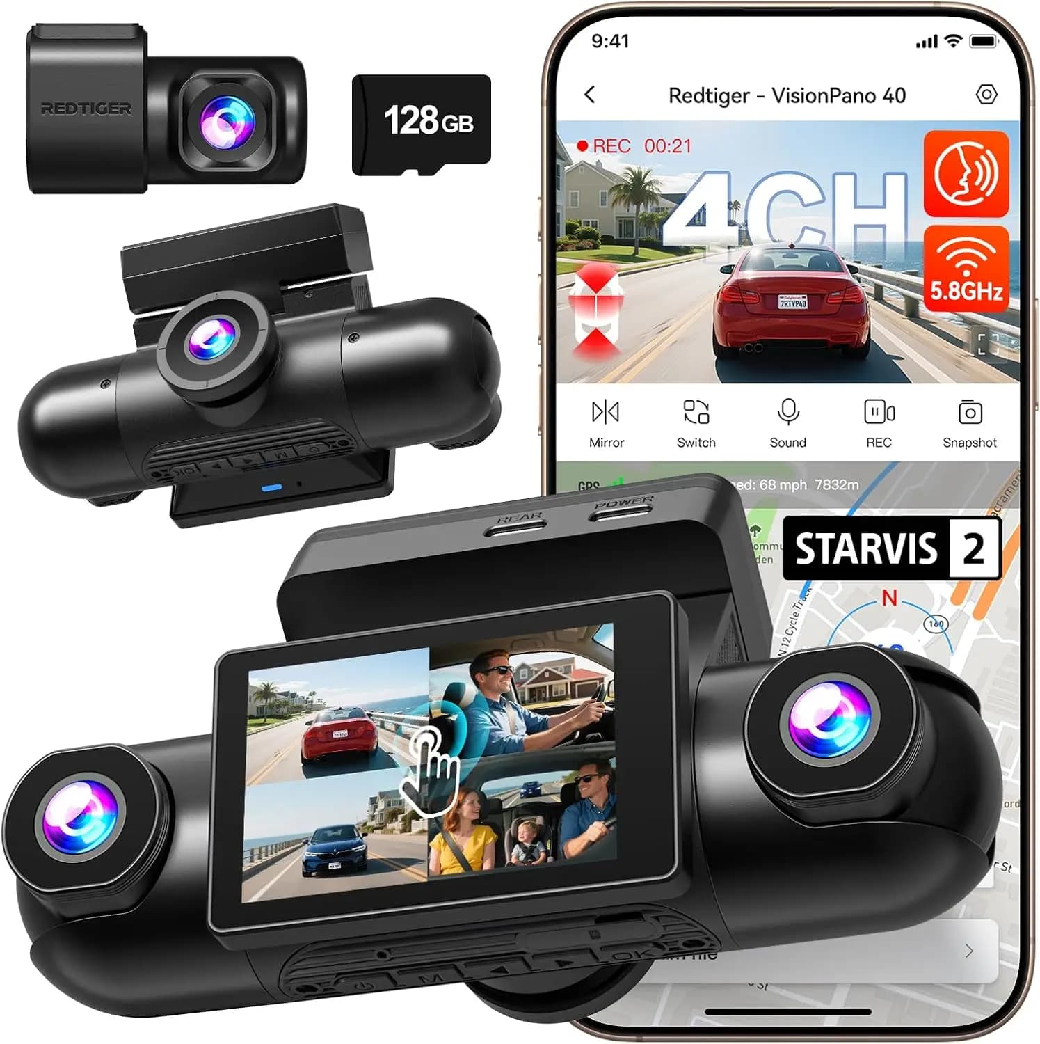 4 Channels 360 ° Dash Cam with Double Technology STARVIS 2, 2.5K+1080P Front Back Front Left Right, WiFi Night Vision Adjustable lenses