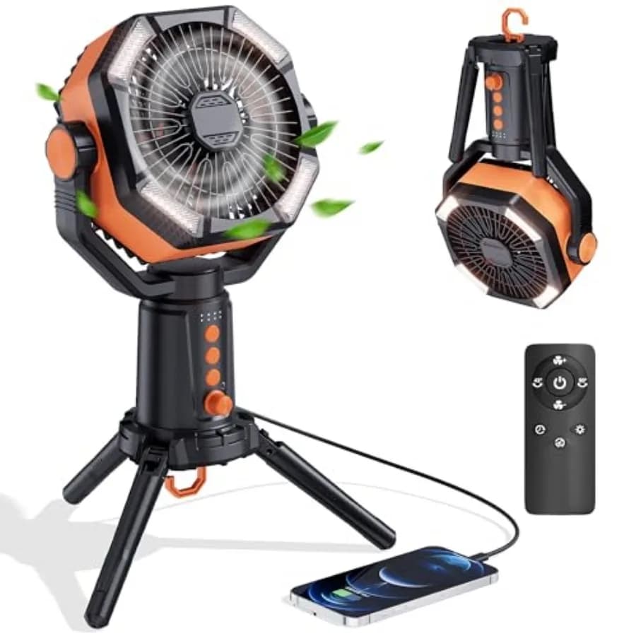 Ventilatore da Tavolo con Treppiede, Ventilatore Portatile per Tenda con Batteria Ricaricabile da 20000mAh, Lanterna LED, Telecomando, Gancio, Rotazione a 270° ° Pivot