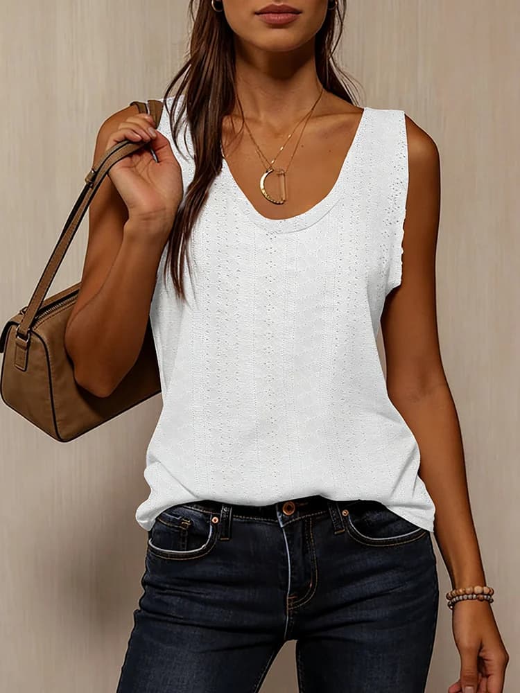 Women Textured Tank Wide Sleeveless Strap V Neck No Back Relaxed Breathable Fresh Elegant Spring Summer Daily