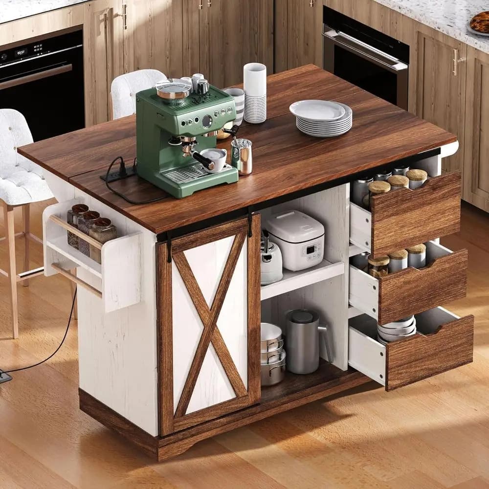 Isola Cucina Mobile 55.5 con Presa di Corrente, Piano Ribaltabile, Armadietto con Anta Scorrevole, Porta Spezie e Portasciugamani