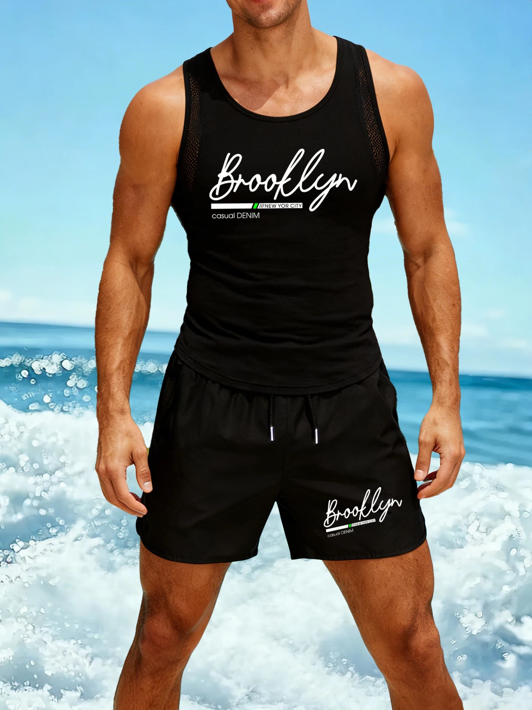 New York City Brooklyn Printer Set for Men, Fashionable Summer Shorts, T-Shirt Sleeveless with Collo in O Unisex, Top for Holiday