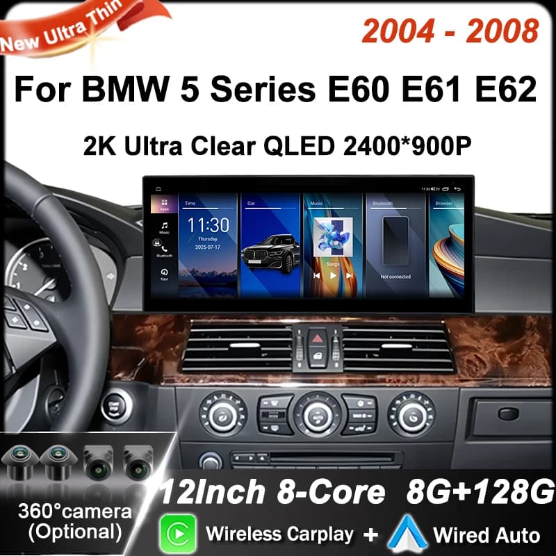 12.3" Ultra-thin Screen Android 16 BT for BMW 5 Series E60 E61 E62 2004-2008 CIC CCC System 4G Car Radio Video Multimedia Player
