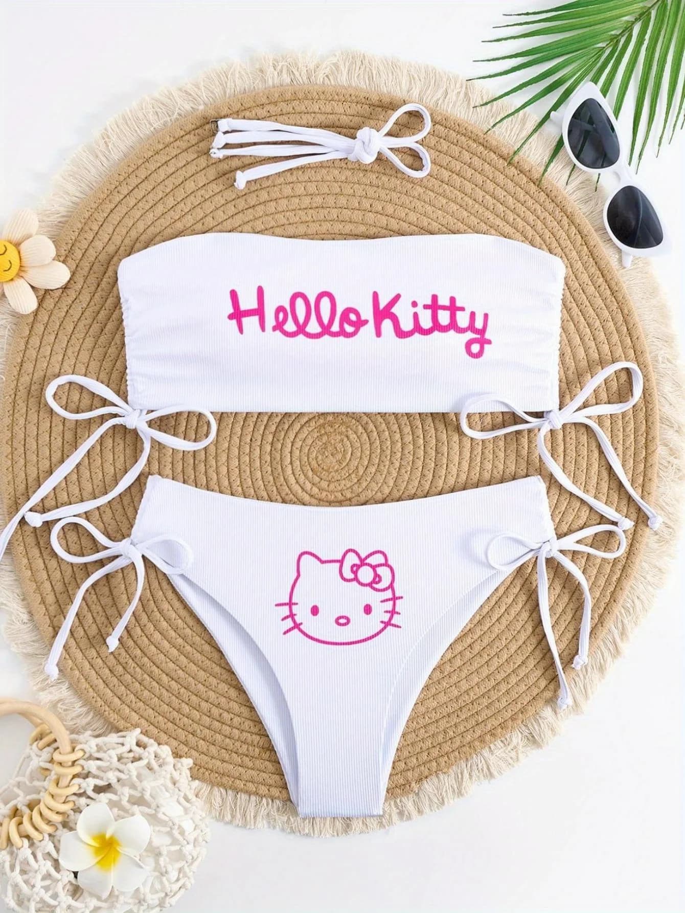 2pcs/set Hello Kitty Print Bandeau Bikini Set Women White Ribbed Halter Tie Side Swimsuit Summer Beach Bathing Suit