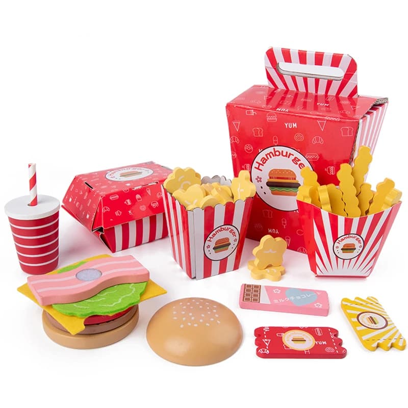Giocattolo per bambini Giocattoli da cucina Burger Set Vita reale Cosplay Monterssori Giocattoli educativi in legno per bambini Gioco di società Regalo di Natale