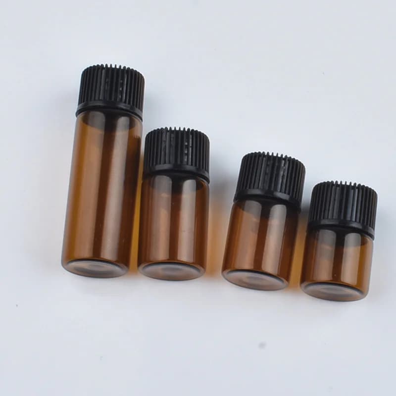 100pcs 1ml 2ml 3ml 5ml Amber of Glass Essential Oil Bottle, Mini Essential Oil Bottles with Orifice Reducer & Black Plastic Cap