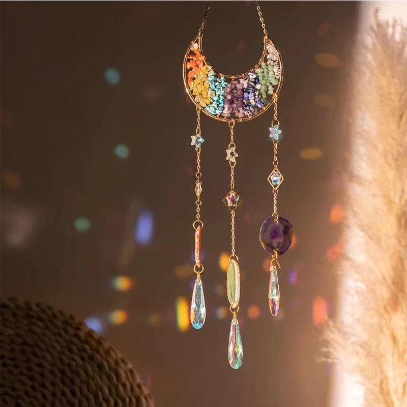 Crystal Sun Catcher Ornament Rainbow Natural Chips Wind Chime Window Hanging Dreamcatcher Decor for Bedroom Balcony
