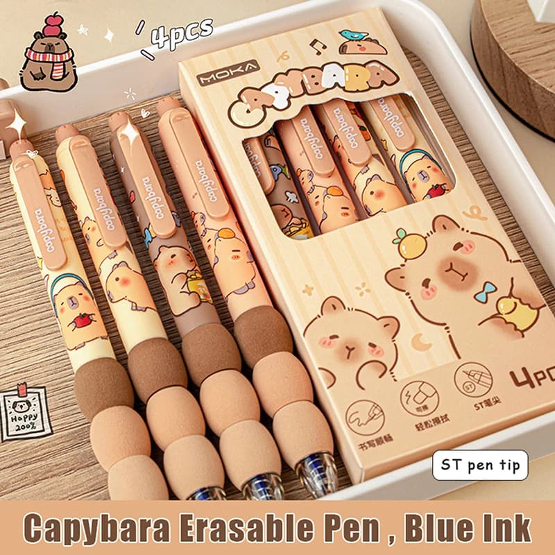 Set di 4 Penne Gel Cancellabili a Forma di Capibara, Carine e Kawaii, Asciugatura Rapida, Scrittura Fluida, Penne Neutre Eleganti, Cancelleria Estetica