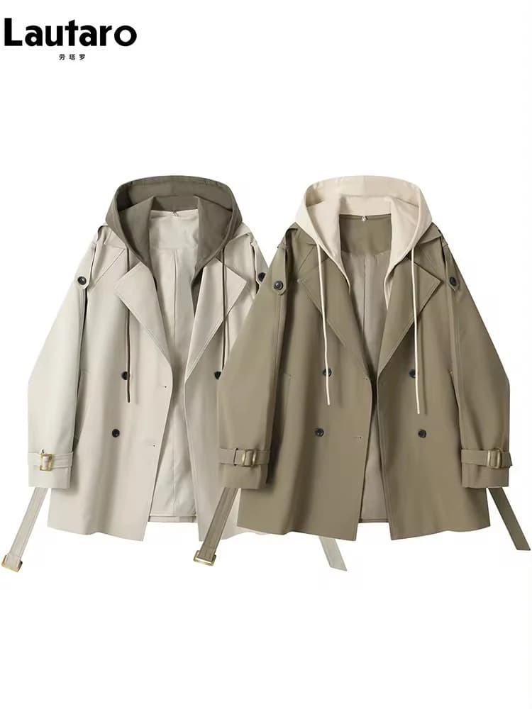 Lautaro Primavera Autunno Flowy Trench Casual per le Donne Cintura Doppio Petto Allentato Designer di Lusso Falso 2 Pezzi Vestiti 2024