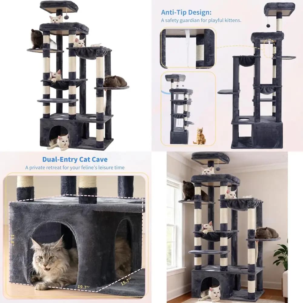Torre per Gatti Alta 71 Pollici per Razze Grandi con Base Ampia, Piattaforme Multi-Livello, 2 Amache, 12 Posti per Tirare le Unghie, Grigio Fumo