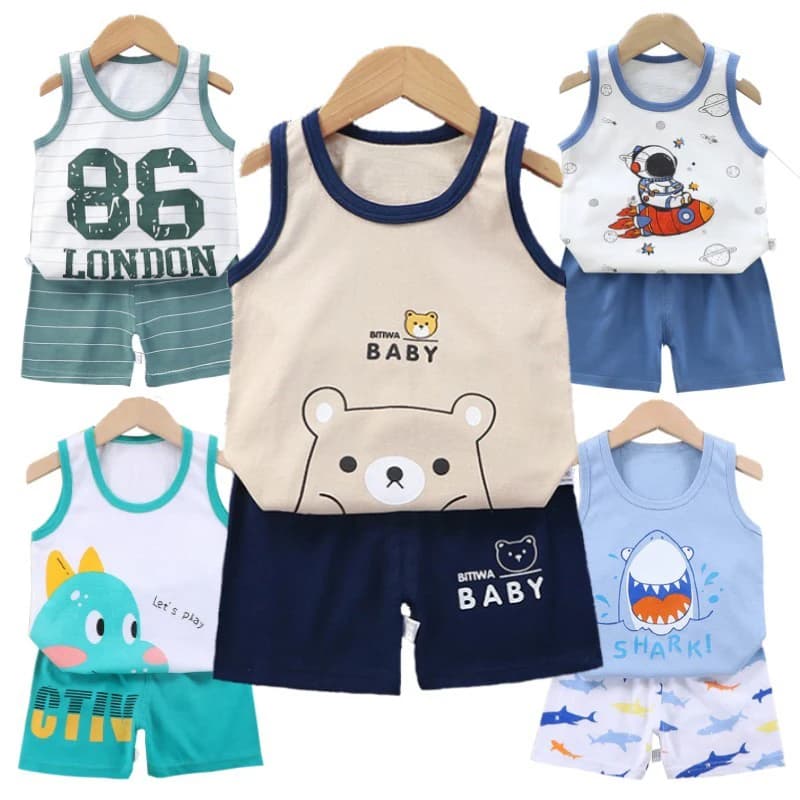 Kids Baby Boys Girls Cotton Breathable Vest+Shorts 2-Piece Set Cartoon Printing Summer Tracksuit Casual Clothes Suit 1-6 Years