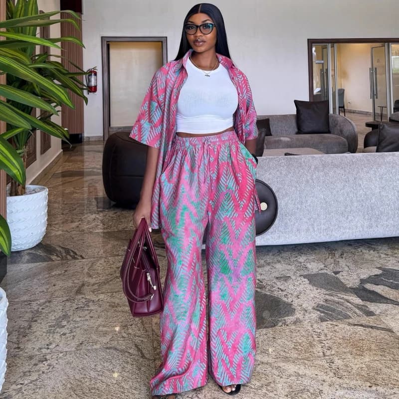 Nuovo set da due pezzi da donna alla moda africana, camicia e pantaloni larghi a maniche corte stampati, set abiti casual femminili