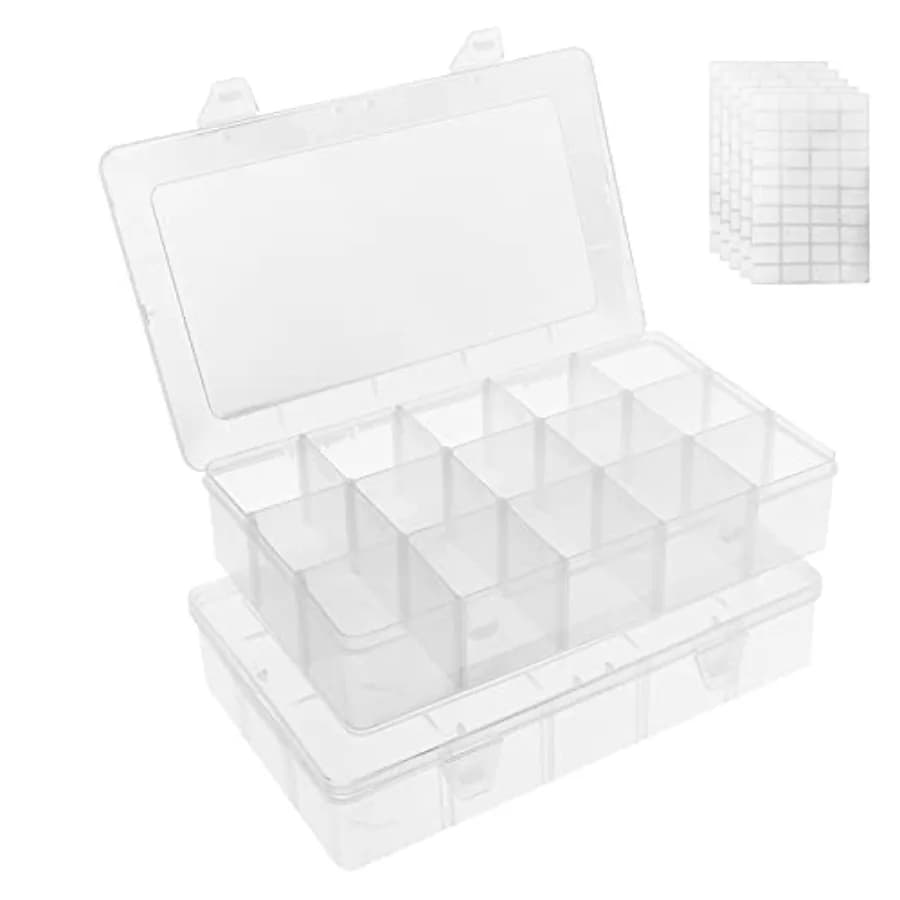 Set of 2 Transparent Plastic Organizers with 15 Adjustable Parts and Dividers, for Jewelry, Beads, Screws and Tools