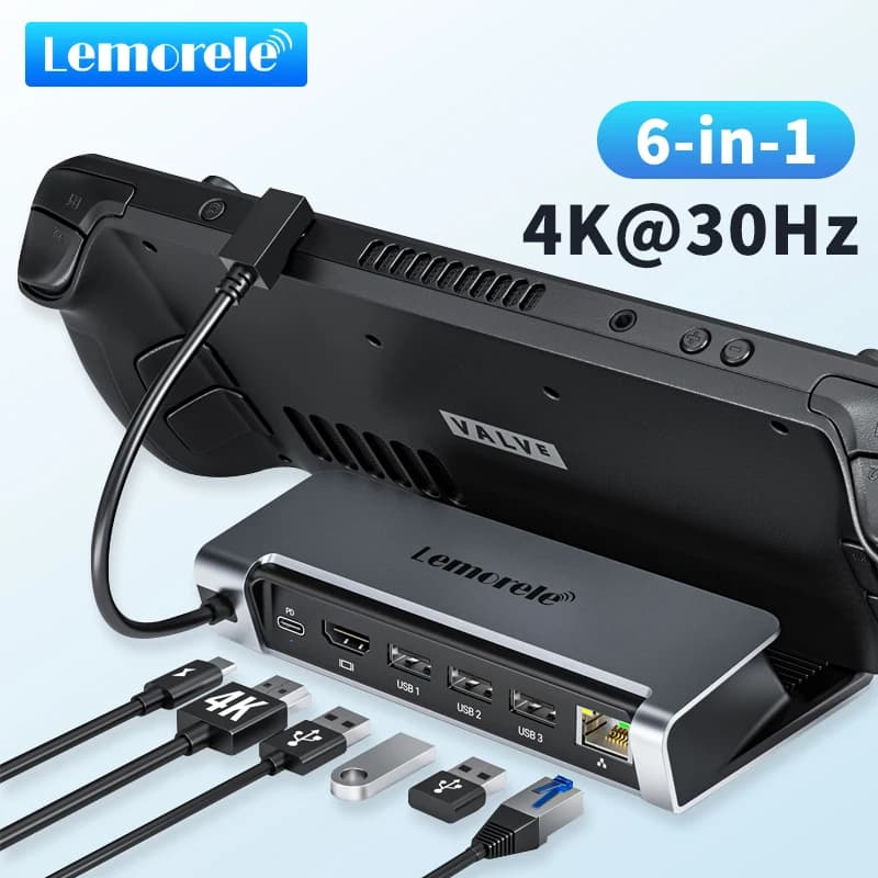 Accessori per Docking Station Lemorele Steam Deck, Custodia per Console Steamdeck, Hub USB-C a HDMI PD100W Gigabit Ethernet, Supporto per Console