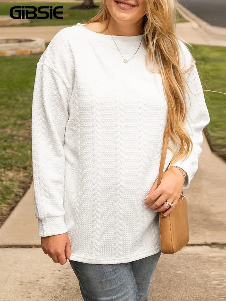 GIBSIE Plus Size Tinta unita O-Collo Manica lunga Pullover Donna 2025 Autunno Nuovo Casual Goccia Spalla Felpe allentate Top
