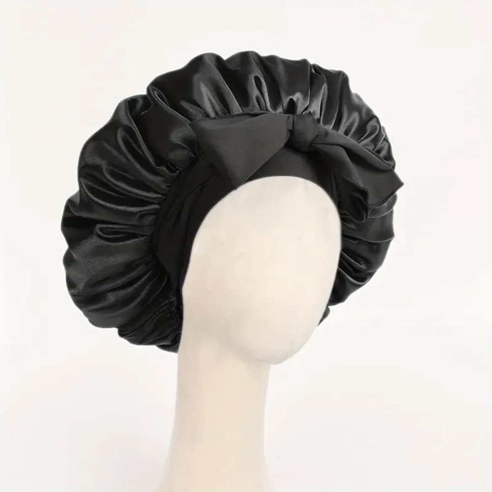 Women Men Black Satin Hair Bonnet with Bow, Elastic Headband Silk Sleep Cap, Comfortable Nighttime Hair Protection Bonnet for Sleeping, Preserve Hairstyle and Prevent Breakage
