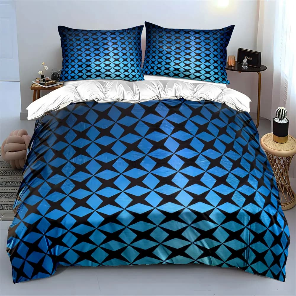 Set di biancheria da letto con stelle geometriche blu e nere da 3 pezzi, copripiumino con stampa a motivi senza cuciture + 2 federe, decorazioni moderne