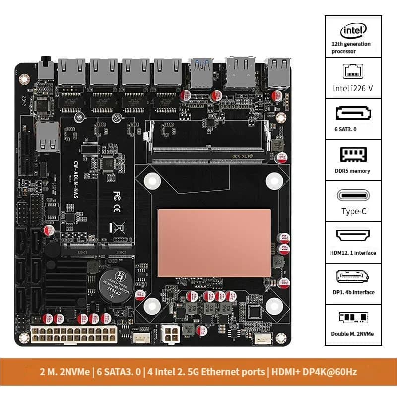 Scheda Madre NAS a Basso Consumo N100/N305/N150, Storage a 6 Bay, 6 Porte SATA + 2 M.2, Scheda Server Mini ITX
