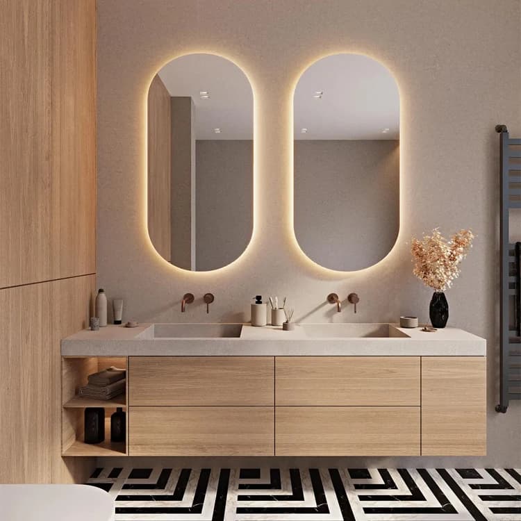 Mobile Bagno di Lusso Personalizzato con Design Moderno, Specchio LED Ovale Sospeso e Doppio Lavabo