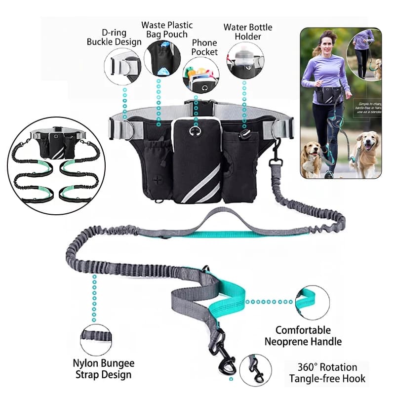 Reflective Shock Absorb Hands Free Waist Dog Leash Pack With Storage Bag, Tangle Free Single Dual Dog Walking Belt