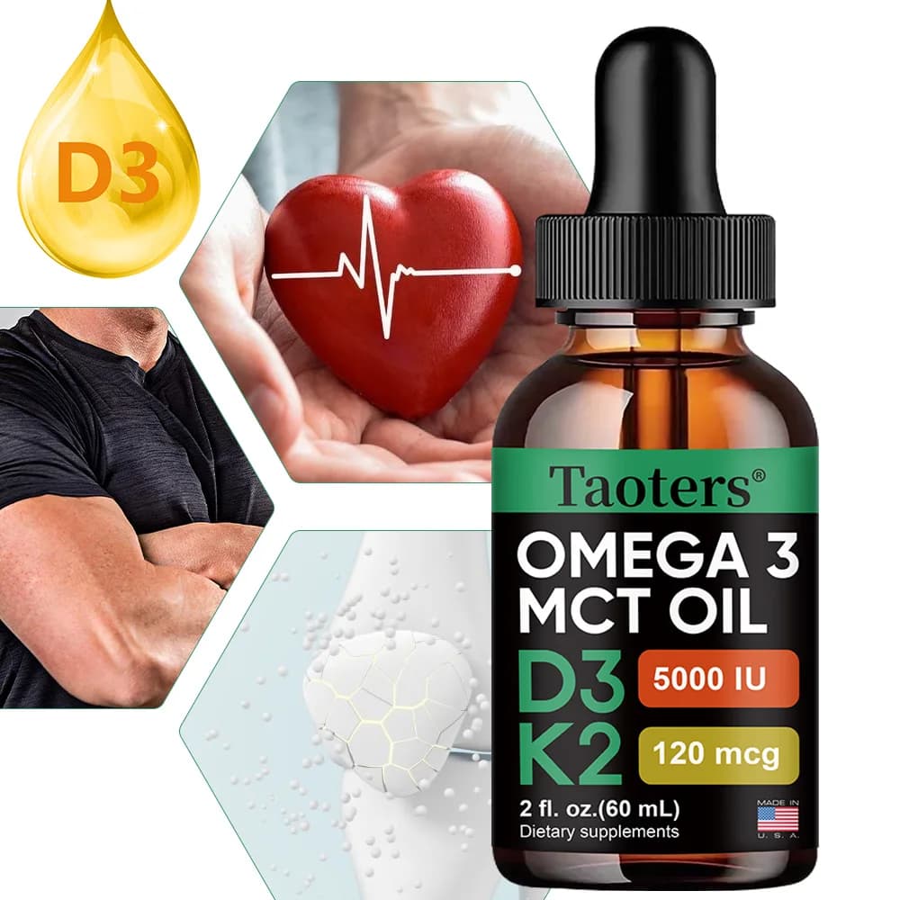 Liquid drops of vitamin D3 K2, vitamin D, K, MCT oil and Omega 3, food supplement for bone support, heart, joint and muscle, not GMO