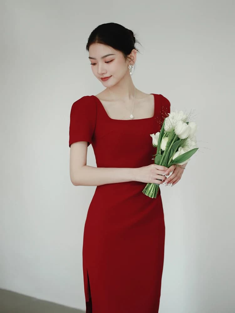 Abito midi minimalista con elastico in vita, rosso, per ricevimenti di nozze, cerimonie e banchetti, per donne di 20 e 30 anni, di Mr. Cervo